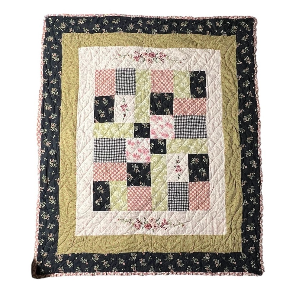 58” by 48” Hand Stitched Pink Green Black Patchwork Quilt with‎ Geometric Design